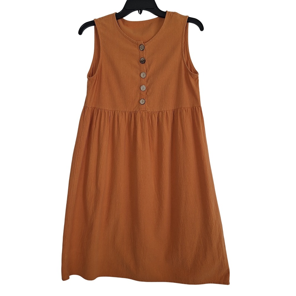 Cottagecore Womens Burnt Orange Sleeveless‎ Babydoll Button Front Midi Dress M